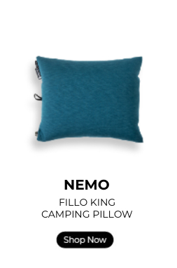 NEMO FIllo King camping pillow with a shop now button.