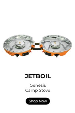Jetboil Genesis camp stove with a shop now button.
