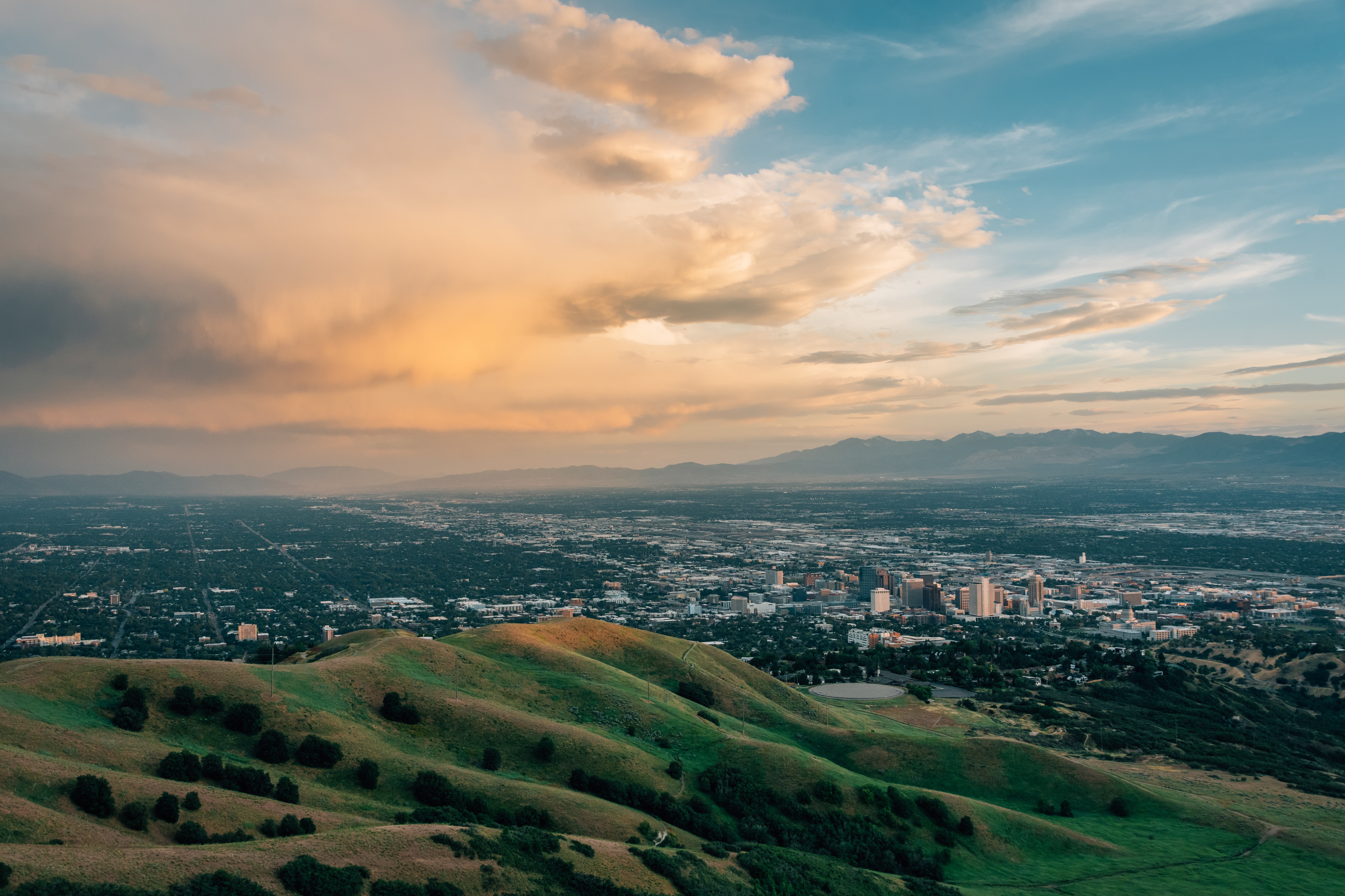 Bonneville Shoreline Trail with Salt Lake City backdrop and spring wildflowers