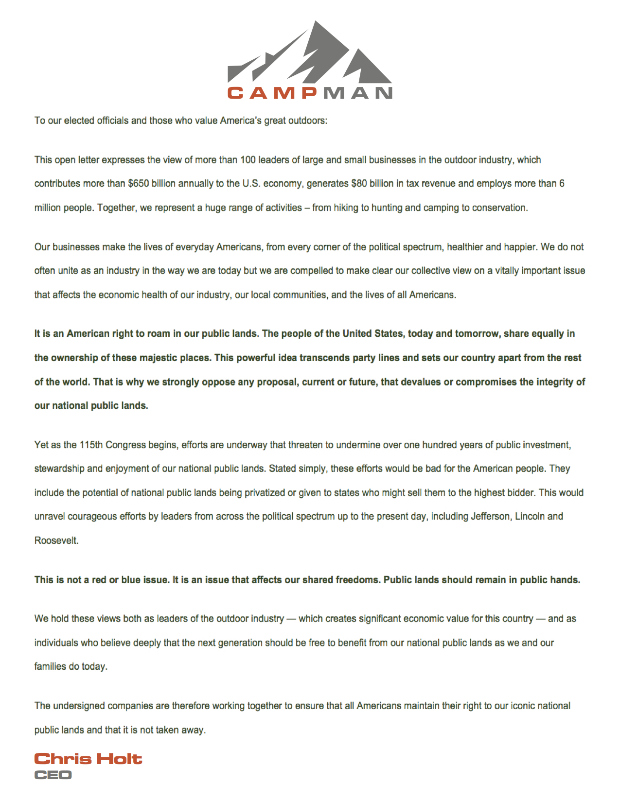 Campman's Open Letter to Elected Officials Regarding Public Lands
