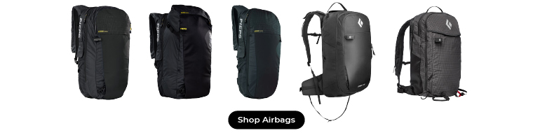  5 Jetforce avalanche airbag packs made by Black Diamond and Pieps
